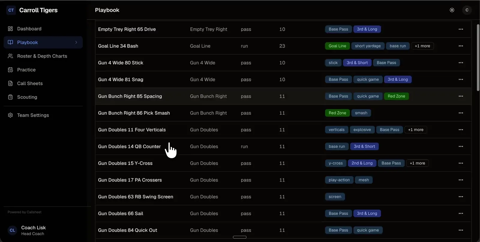 The Callsheet playbook filtered by tags, ready to pull plays into a call sheet