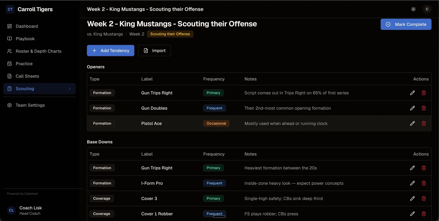 A Callsheet scouting report listing opponent formations and coverages with frequency ratings and notes