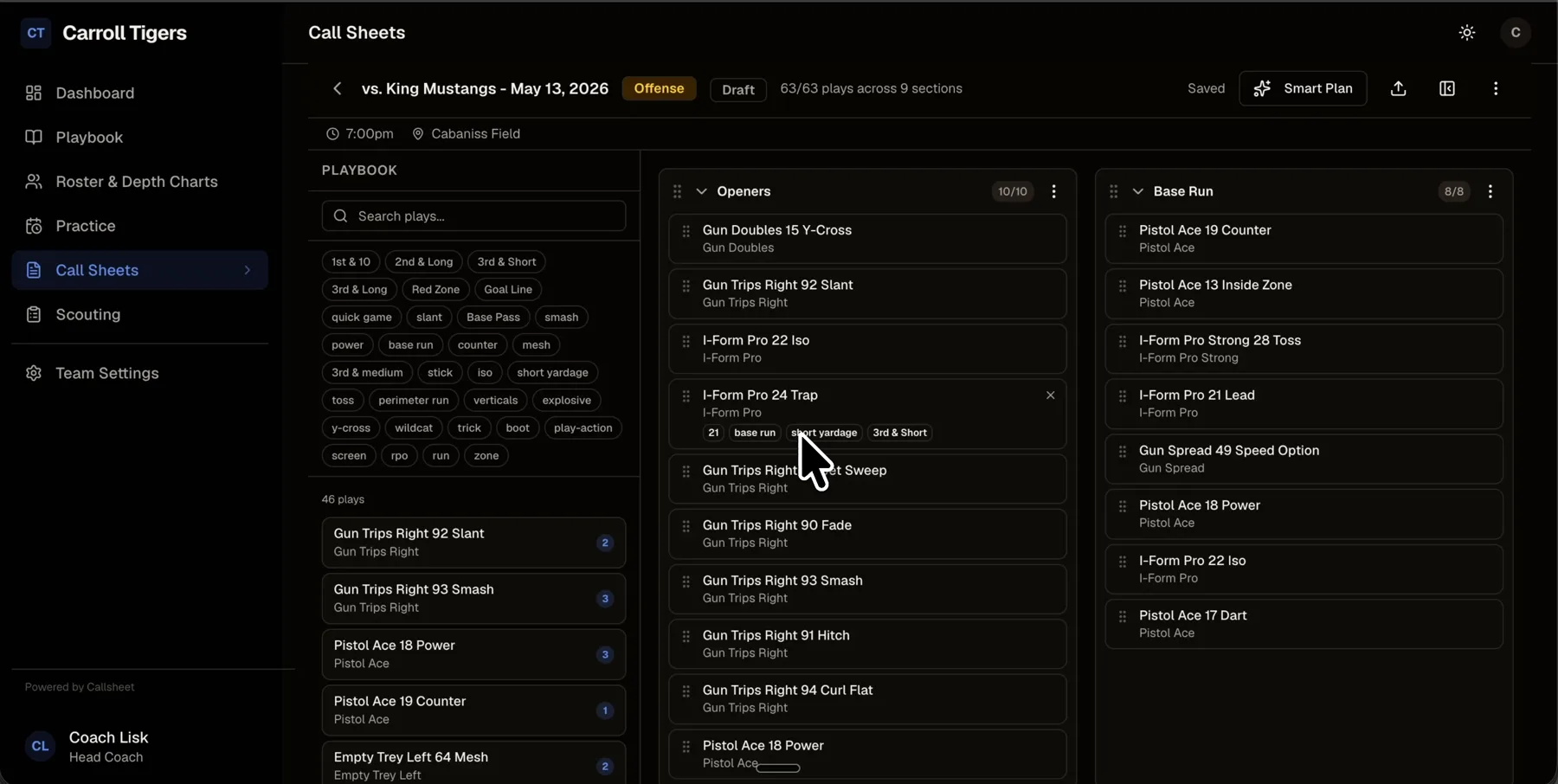 The Callsheet builder with a filterable playbook panel and plays dragged into Openers and Base Run sections