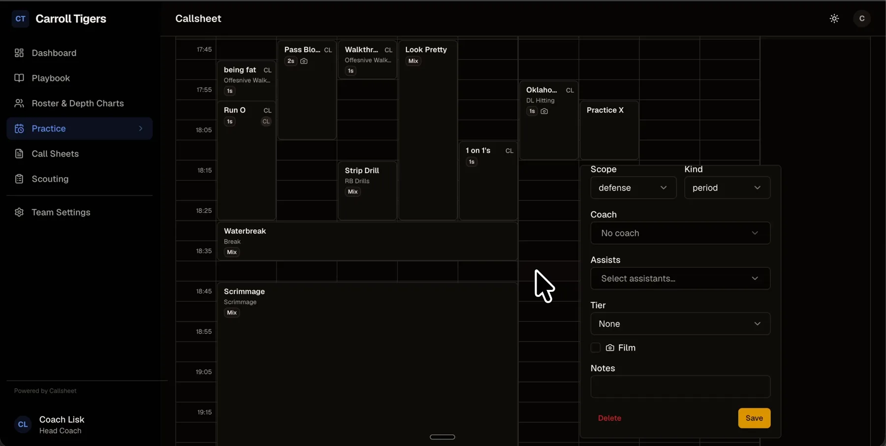 The Callsheet practice planner with drills scheduled per position group on a timeline grid
